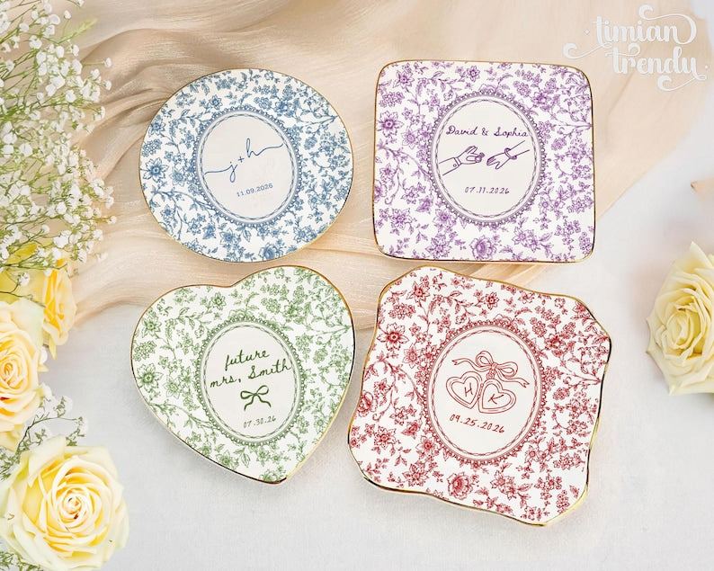 Custom Engagement Ring Dish: Ceramic Trinket Tray Gift for Couple, Wedding Jewelry Dish, Engagement Gift for Bride, Dish Toile De Jouy