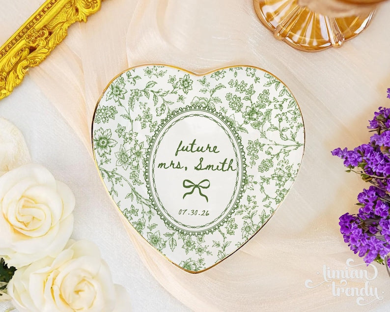 Custom Engagement Ring Dish: Ceramic Trinket Tray Gift for Couple, Wedding Jewelry Dish, Engagement Gift for Bride, Dish Toile De Jouy
