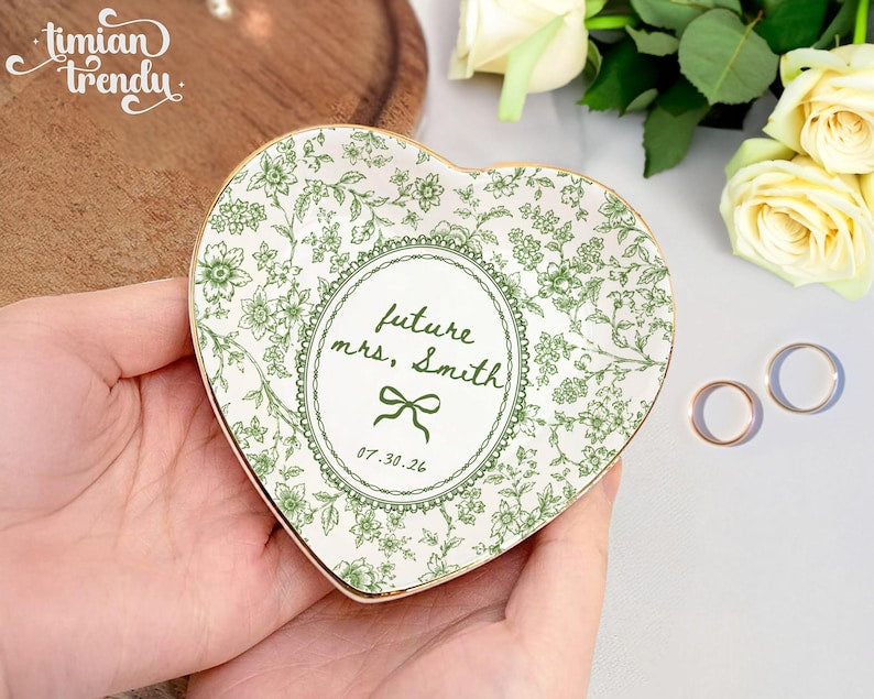 Custom Engagement Ring Dish: Ceramic Trinket Tray Gift for Couple, Wedding Jewelry Dish, Engagement Gift for Bride, Dish Toile De Jouy
