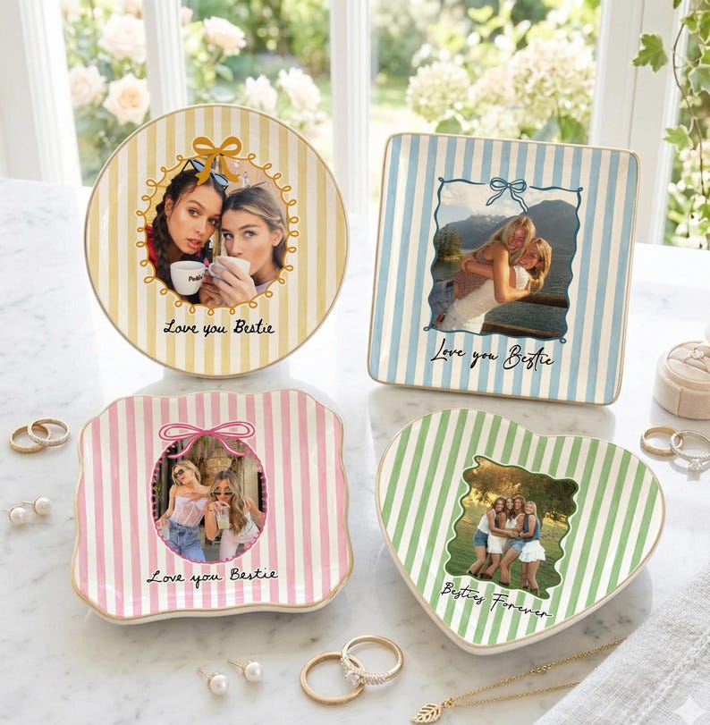 Personalized Bestie Photo Trinket Dish, Ceramic Trinket Tray for Best Friend, Bestie Striped Ring Dish, Birthday Gifts For Bestie