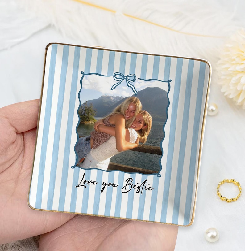 Personalized Bestie Photo Trinket Dish, Ceramic Trinket Tray for Best Friend, Bestie Striped Ring Dish, Birthday Gifts For Bestie