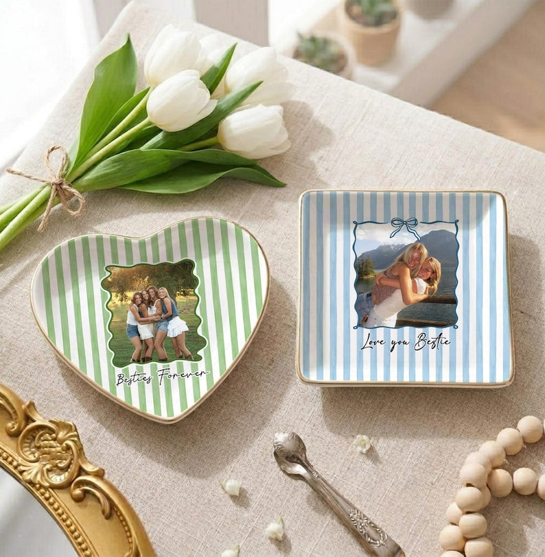 Personalized Bestie Photo Trinket Dish, Ceramic Trinket Tray for Best Friend, Bestie Striped Ring Dish, Birthday Gifts For Bestie