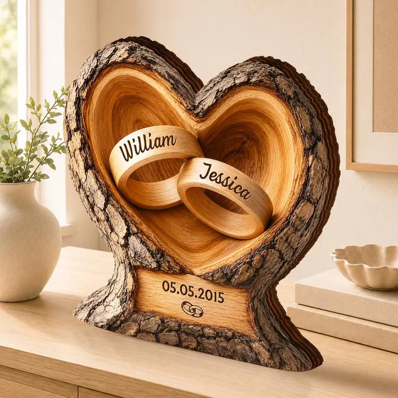 Personalized Ring Holder Heart Shaped Wooden Plaque, Gift For Couple