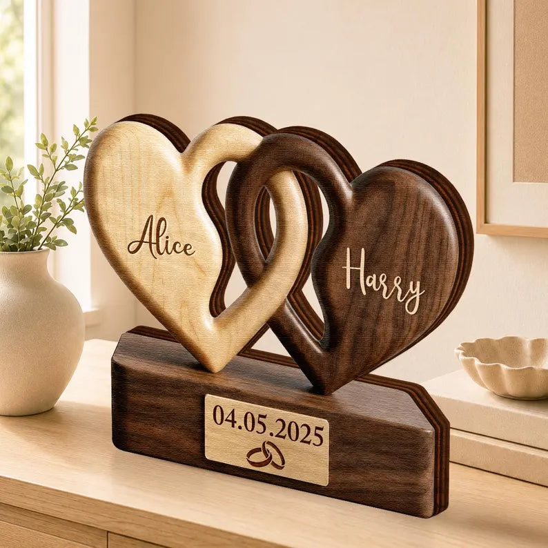 Personalized Interlocking Hearts Wooden Plaque, Custom Couple Names & Date, Wedding Engagement Anniversary Gift