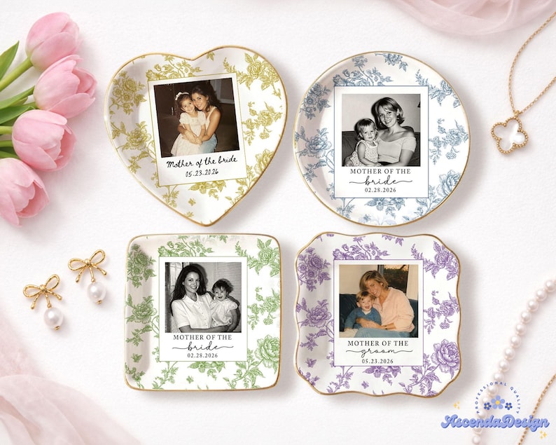 Personalized Mother Of The Bride Jewelry Dish, Custom Toile De Jouy Photo Jewelry Plate, Sentimental Wedding Gift For Mom, Mom Gift