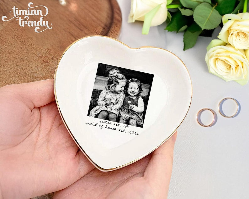 Personalized Besties Photo Ring Dish, Maid of Honor Trinket Tray, Sister Photo Jewelry Dish, Gift For Besties, Soul Sister Wedding Gift