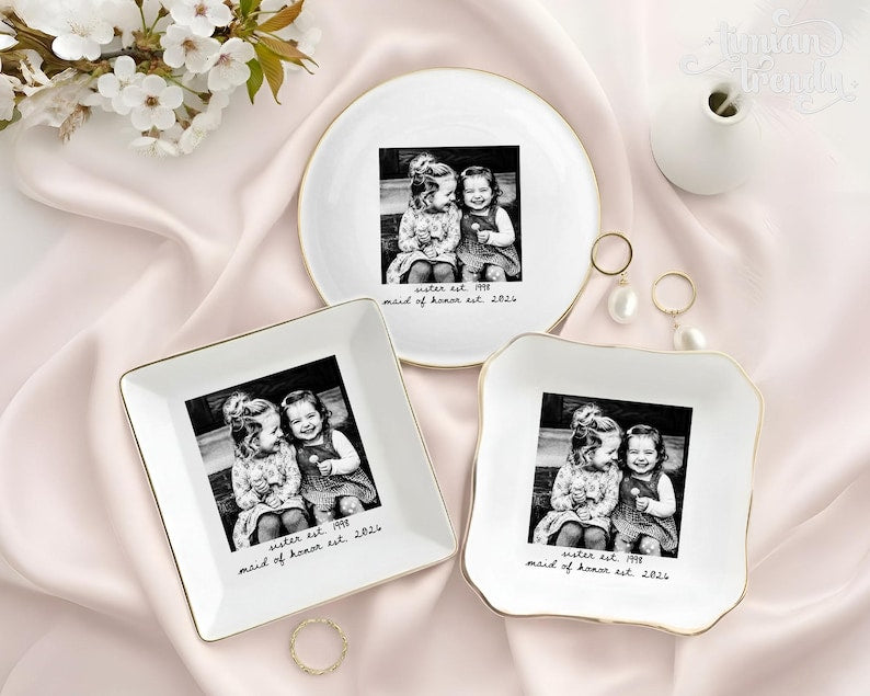 Personalized Besties Photo Ring Dish, Maid of Honor Trinket Tray, Sister Photo Jewelry Dish, Gift For Besties, Soul Sister Wedding Gift
