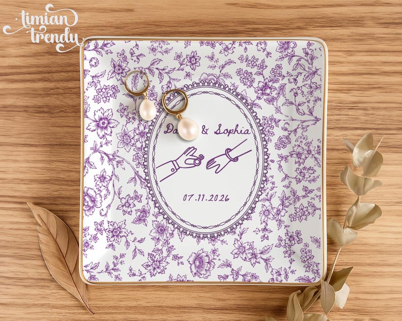 Custom Engagement Ring Dish: Ceramic Trinket Tray Gift for Couple, Wedding Jewelry Dish, Engagement Gift for Bride, Dish Toile De Jouy