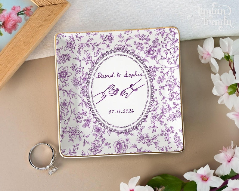 Custom Engagement Ring Dish: Ceramic Trinket Tray Gift for Couple, Wedding Jewelry Dish, Engagement Gift for Bride, Dish Toile De Jouy