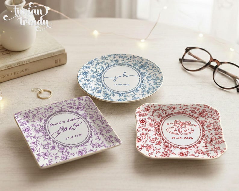 Custom Engagement Ring Dish: Ceramic Trinket Tray Gift for Couple, Wedding Jewelry Dish, Engagement Gift for Bride, Dish Toile De Jouy