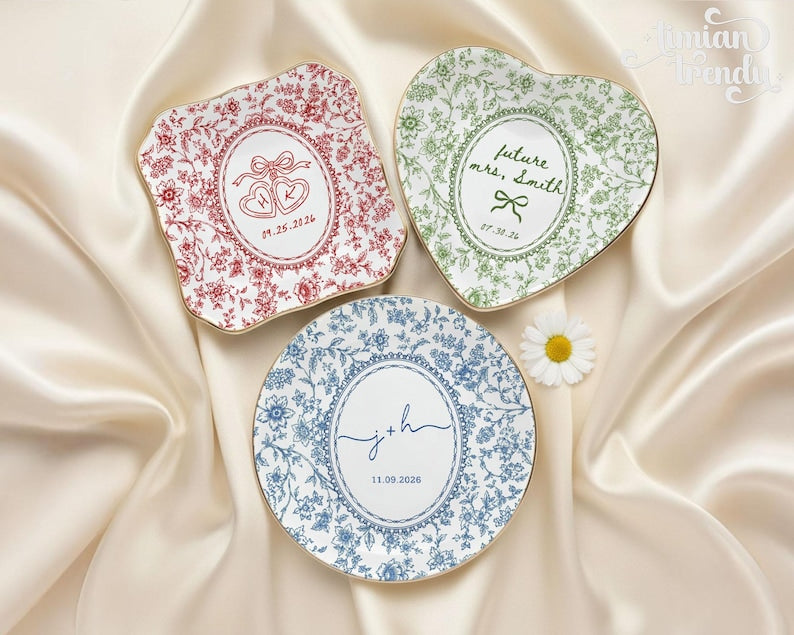 Custom Engagement Ring Dish: Ceramic Trinket Tray Gift for Couple, Wedding Jewelry Dish, Engagement Gift for Bride, Dish Toile De Jouy