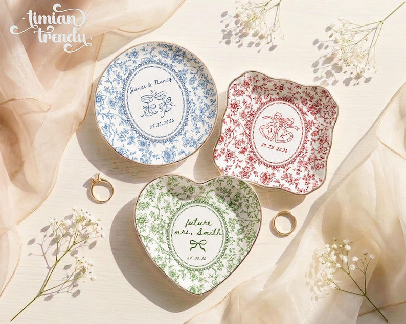 Custom Engagement Ring Dish: Ceramic Trinket Tray Gift for Couple, Wedding Jewelry Dish, Engagement Gift for Bride, Dish Toile De Jouy