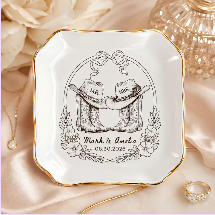 Personalized Western Wedding Ring Dish, Custom Name Date Mr & Mrs Cowboy Boots Ceramic Trinket Tray, Newlywed Gift