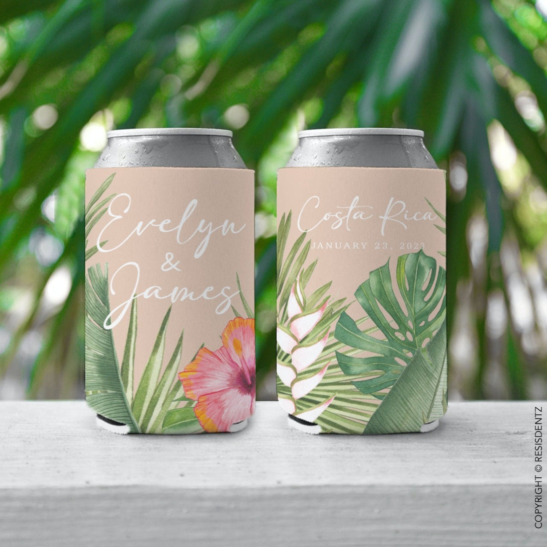 Custom Beige Tropical Hibiscus Wedding Favor Can Coolers - Slim and Standard Size Cozies, Personalized Can Cooler