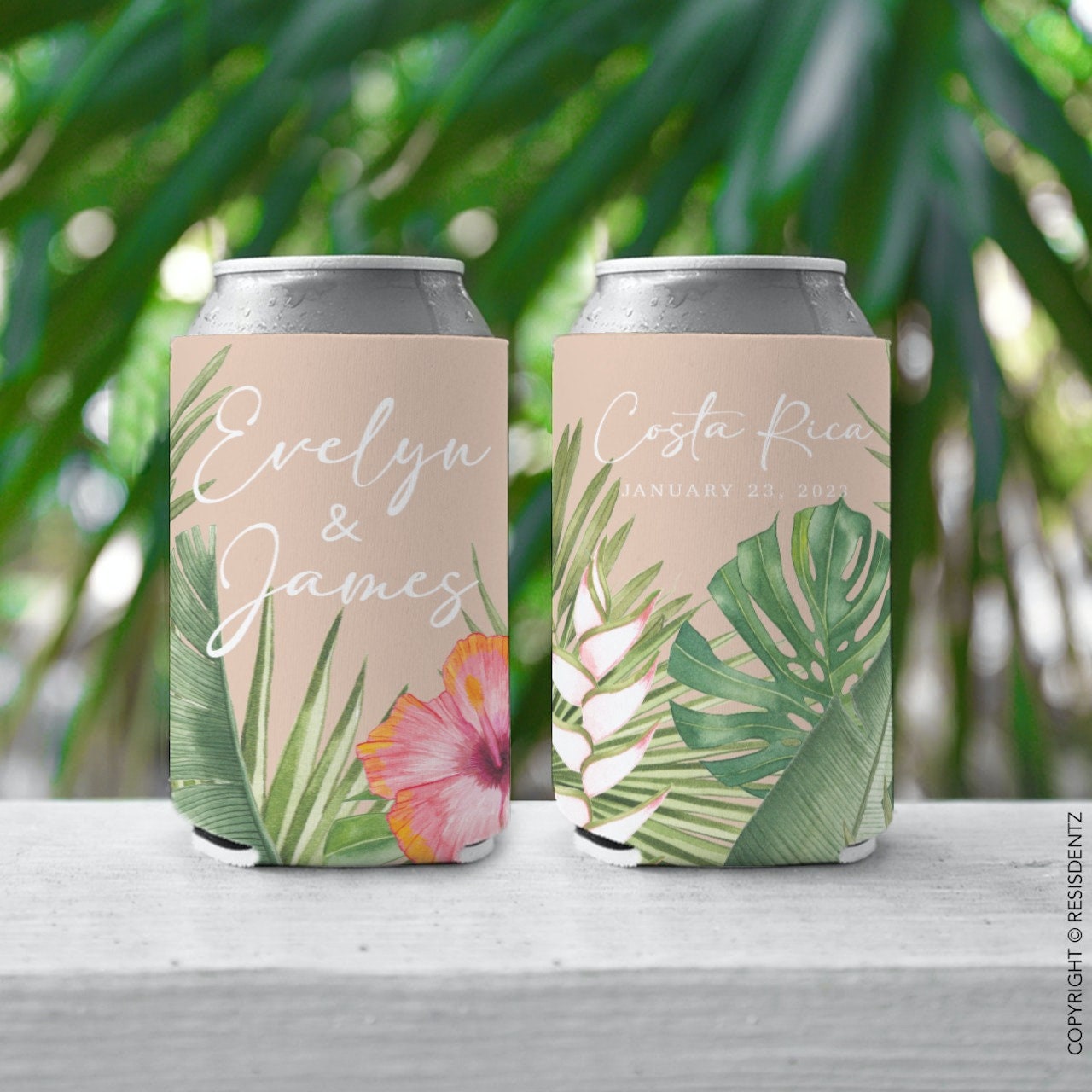 Custom Beige Tropical Hibiscus Wedding Favor Can Coolers - Slim and Standard Size Cozies, Personalized Can Cooler