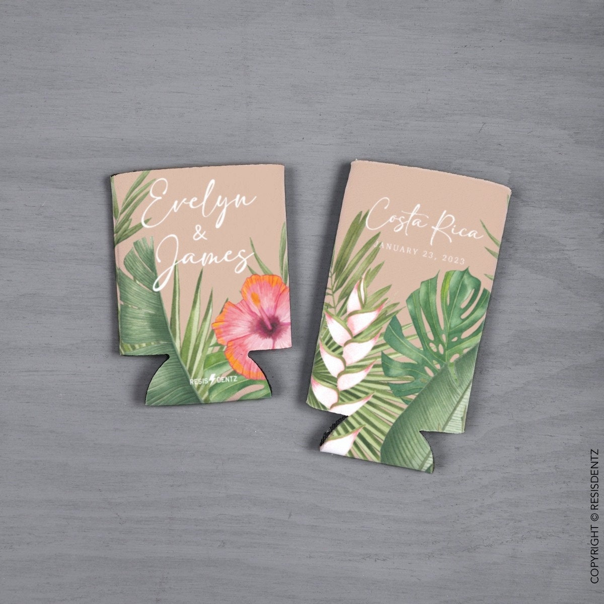 Custom Beige Tropical Hibiscus Wedding Favor Can Coolers - Slim and Standard Size Cozies, Personalized Can Cooler