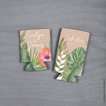 Custom Beige Tropical Hibiscus Wedding Favor Can Coolers - Slim and Standard Size Cozies, Personalized Can Cooler