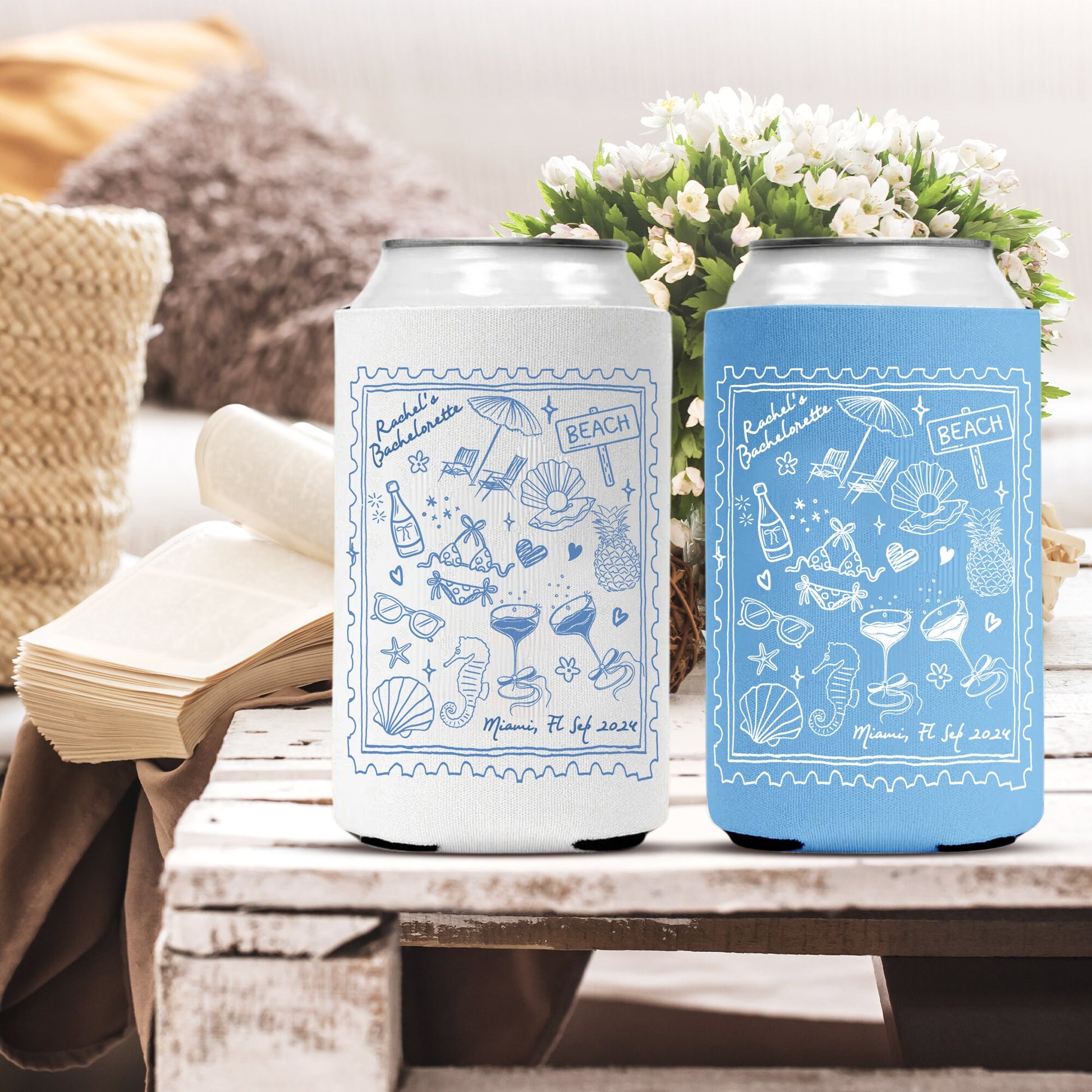 Personalized Beach Bachelorette Party Decor, Beach Party Can Cooler, Customized Location Bachelorette Can Cooler, Bridal Party Shower Favors