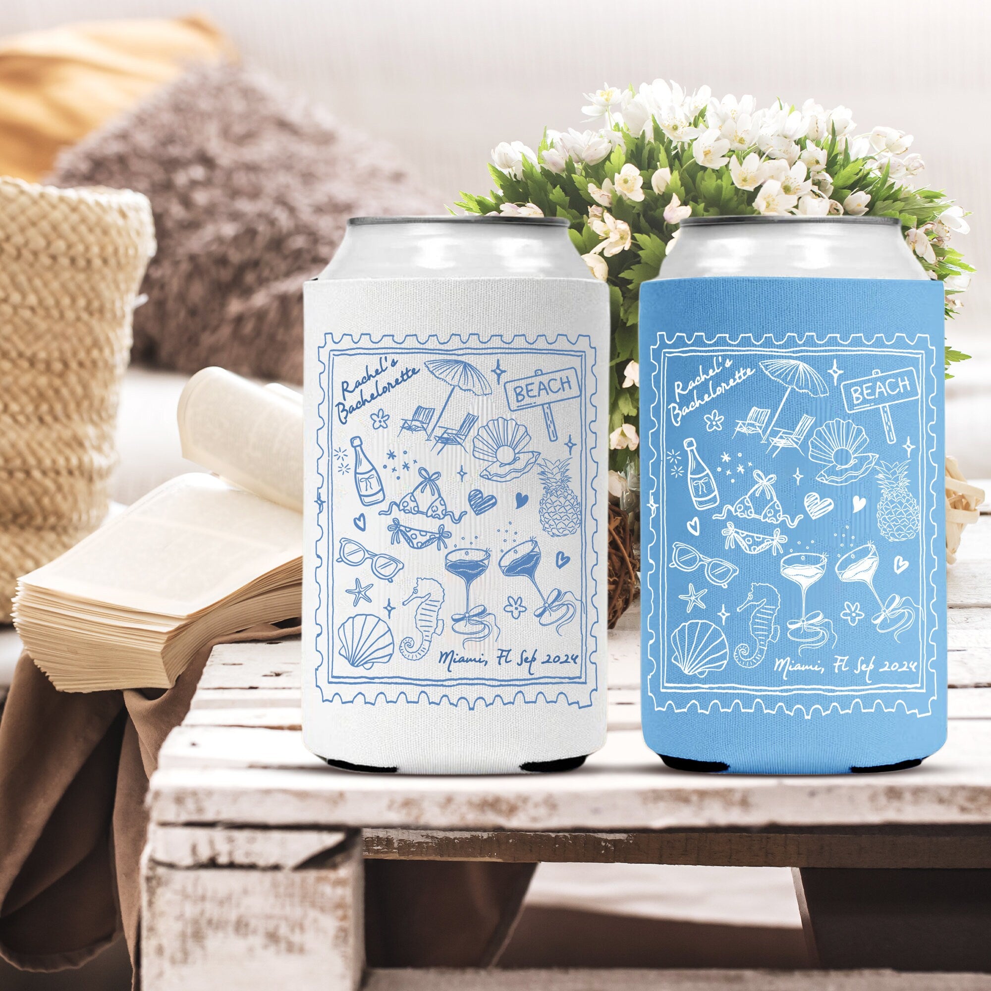 Personalized Beach Bachelorette Party Decor, Beach Party Can Cooler, Customized Location Bachelorette Can Cooler, Bridal Party Shower Favors