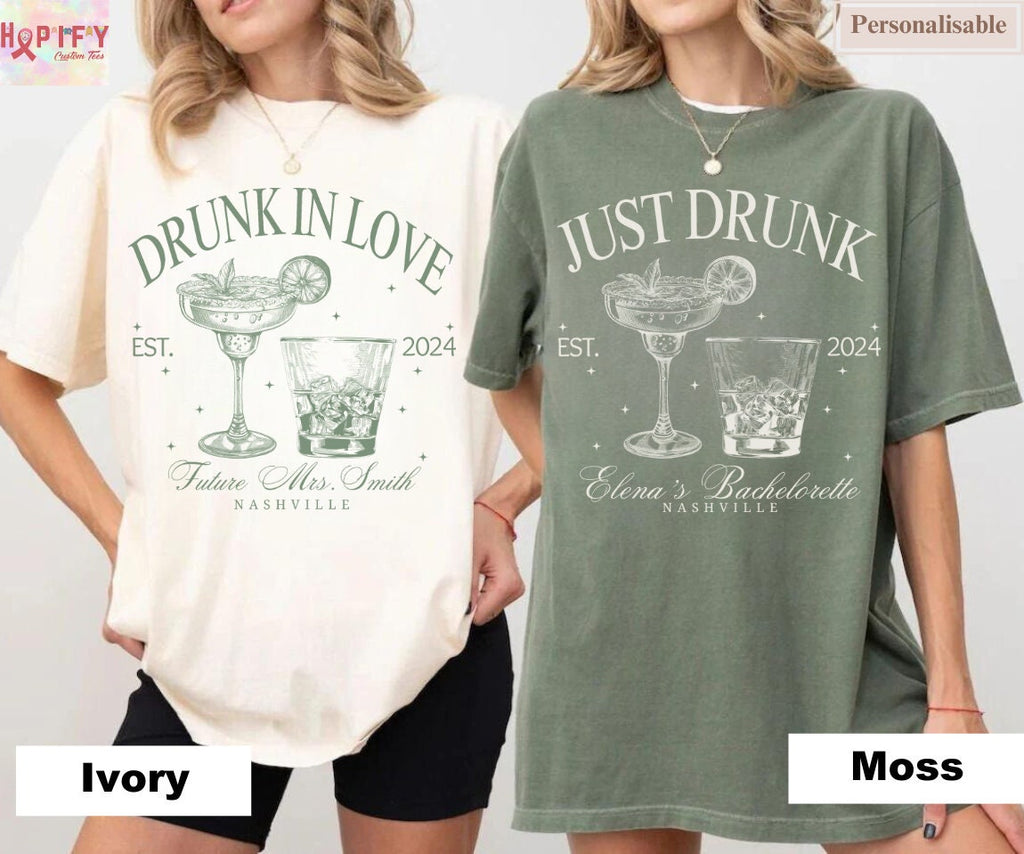 Luxury Bachelorette Merch Drunk in Love Bachelorette Party Shirts, Custom Bach Tshirts, Social Cocktail Club Themed, Bridal Party Gifts