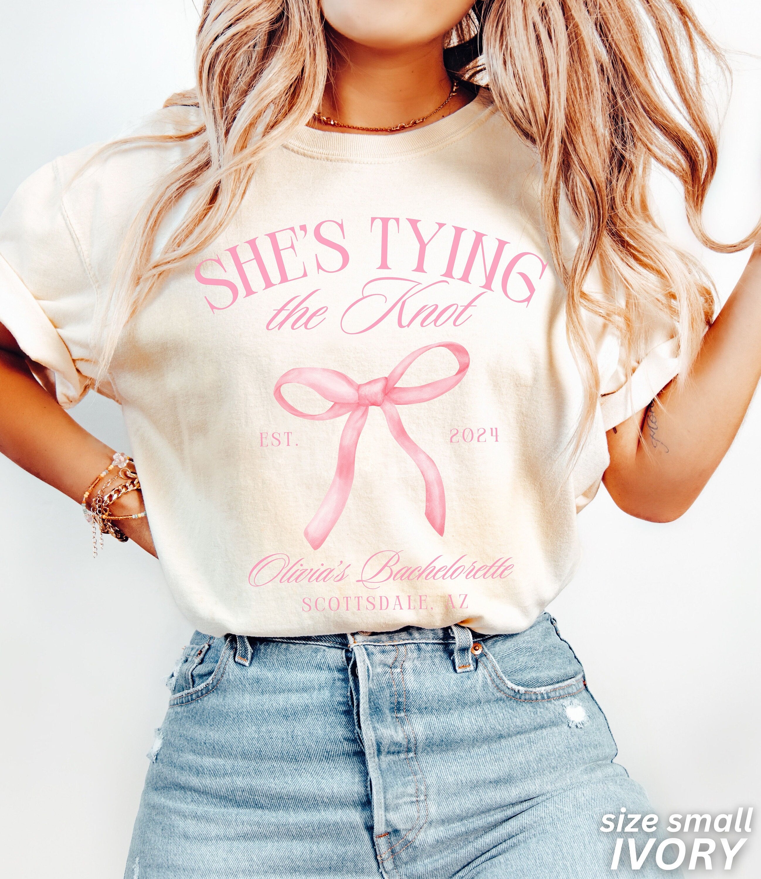 Coquette Bow Bachelorette Shirts, Bachelorette Party, Custom Bachelorette Shirts, Shes Tying the Knot Bridal Party, Girly Bow Bachelorette