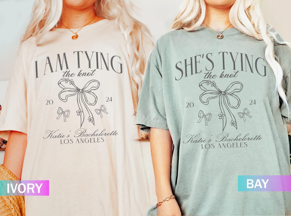 Coquette Bow Bachelorette Shirts, She's Tying the Knot Bridal Party, Custom Bachelorette Party Shirt, Custom Location, Bridal Shower Gifts