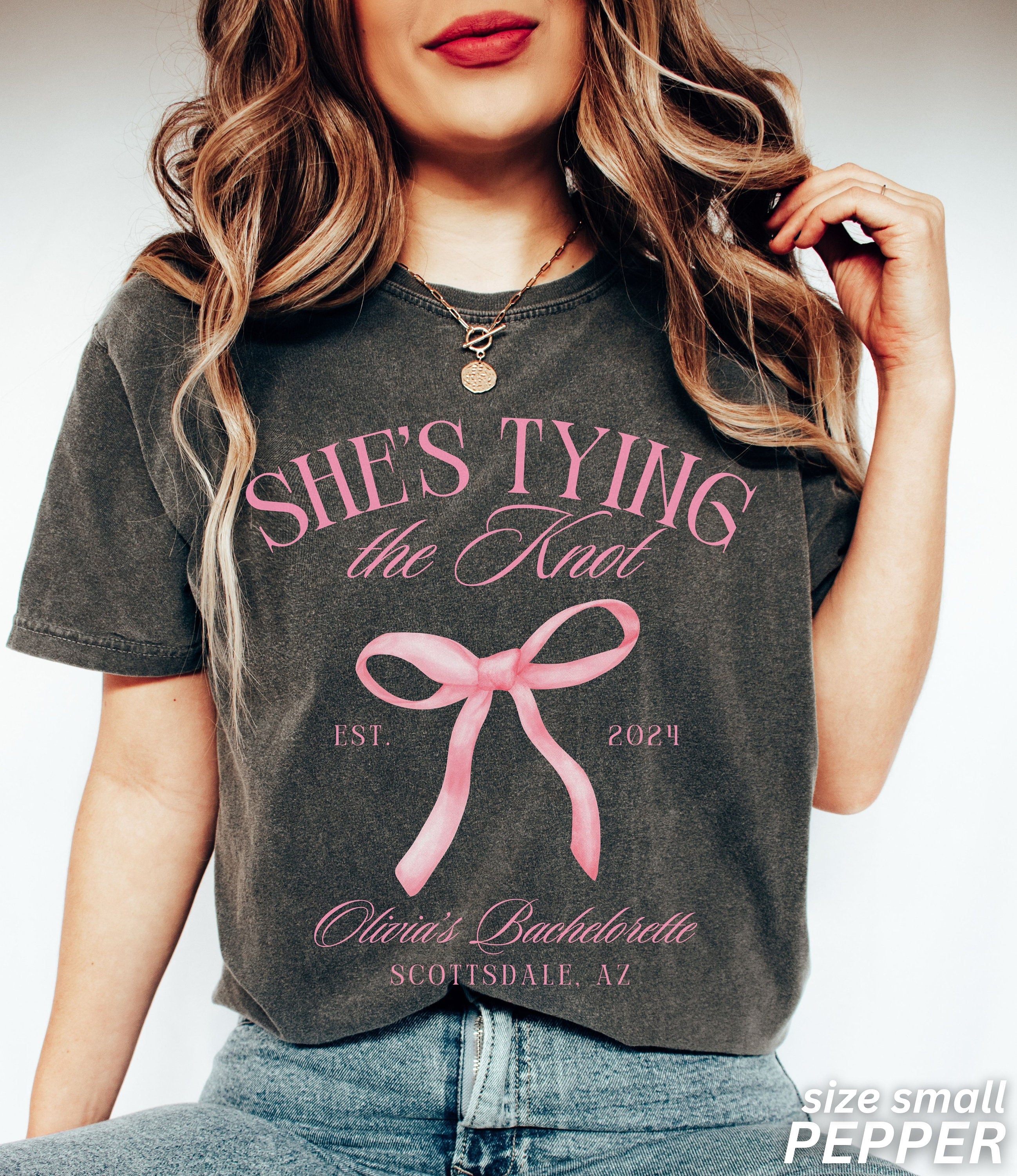 Coquette Bow Bachelorette Shirts, Bachelorette Party, Custom Bachelorette Shirts, Shes Tying the Knot Bridal Party, Girly Bow Bachelorette