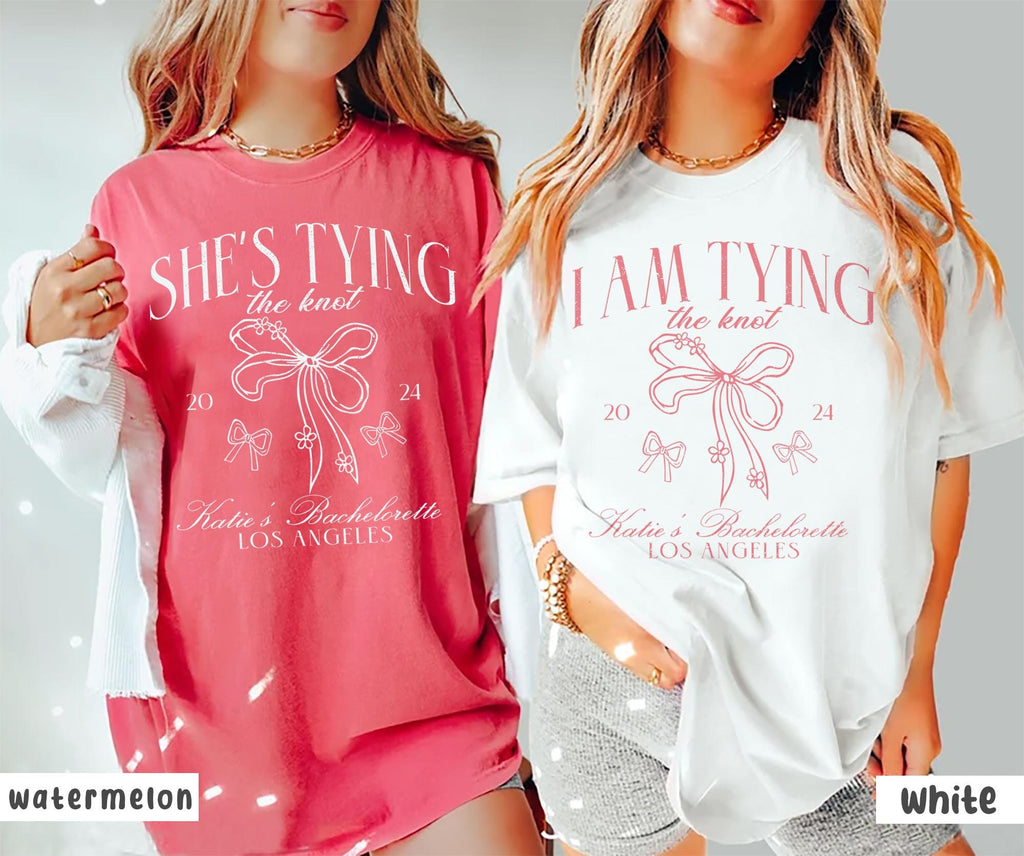 Coquette Bow Bachelorette Shirts, She's Tying the Knot Bridal Party, Custom Bachelorette Party Shirt, Custom Location, Bridal Shower Gifts