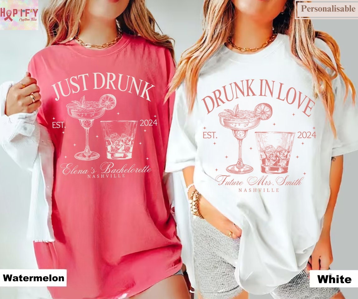 Luxury Bachelorette Merch Drunk in Love Bachelorette Party Shirts, Custom Bach Tshirts, Social Cocktail Club Themed, Bridal Party Gifts