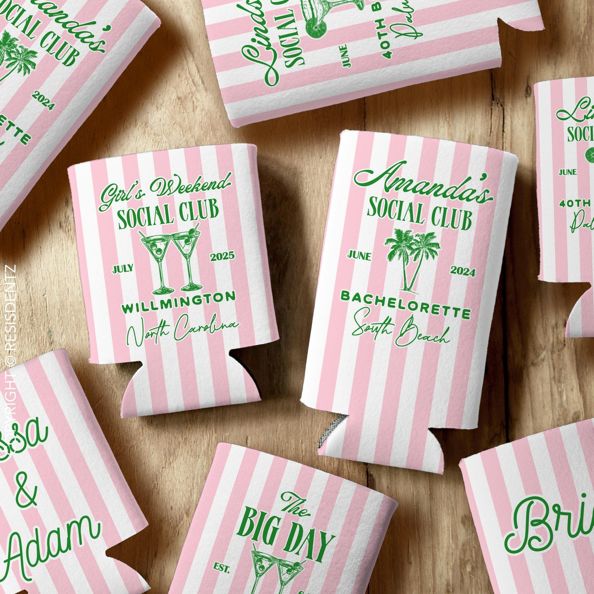 Preppy Social Club Party Favor Can Coolers – Custom Striped Design, Event Icons, and Personal Details - Slim Seltzer & Standard Can Size