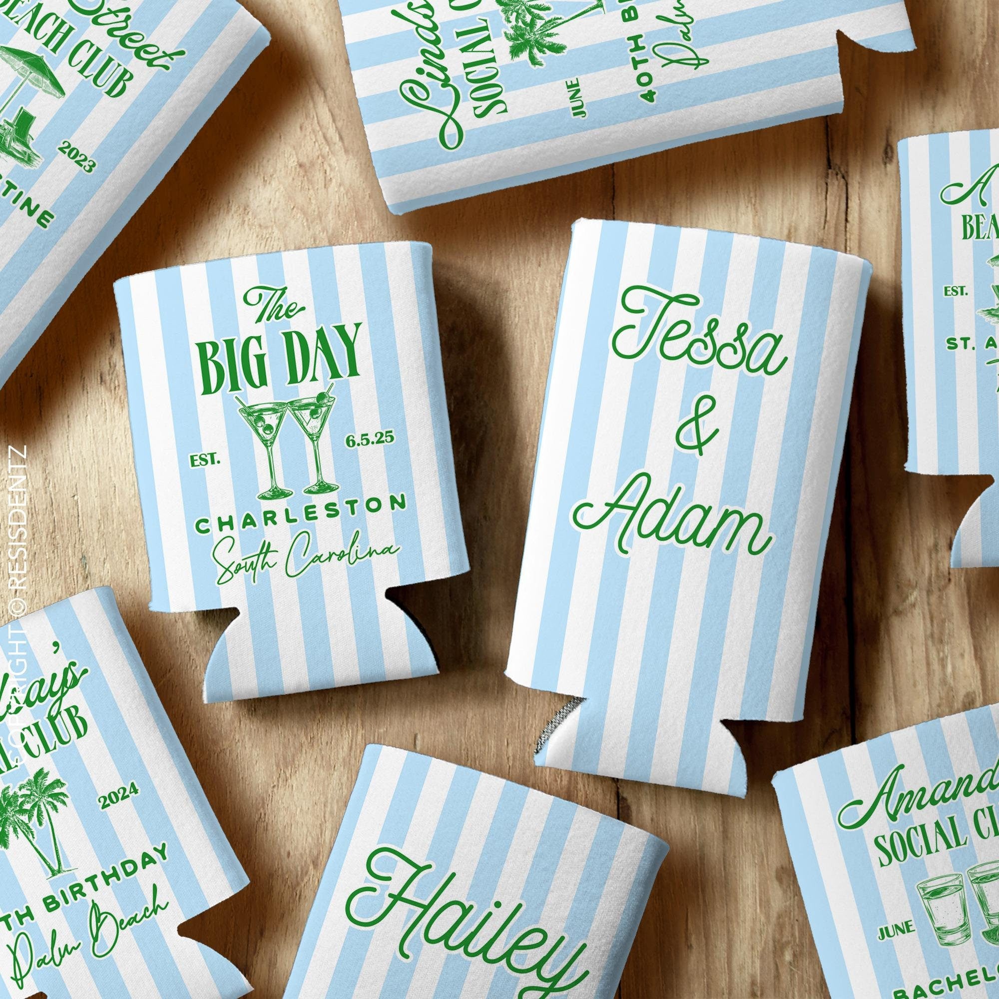 Preppy Social Club Party Favor Can Coolers – Custom Striped Design, Event Icons, and Personal Details - Slim Seltzer & Standard Can Size
