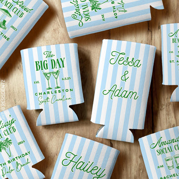Preppy Social Club Party Favor Can Coolers – Custom Striped Design, Event Icons, and Personal Details - Slim Seltzer & Standard Can Size