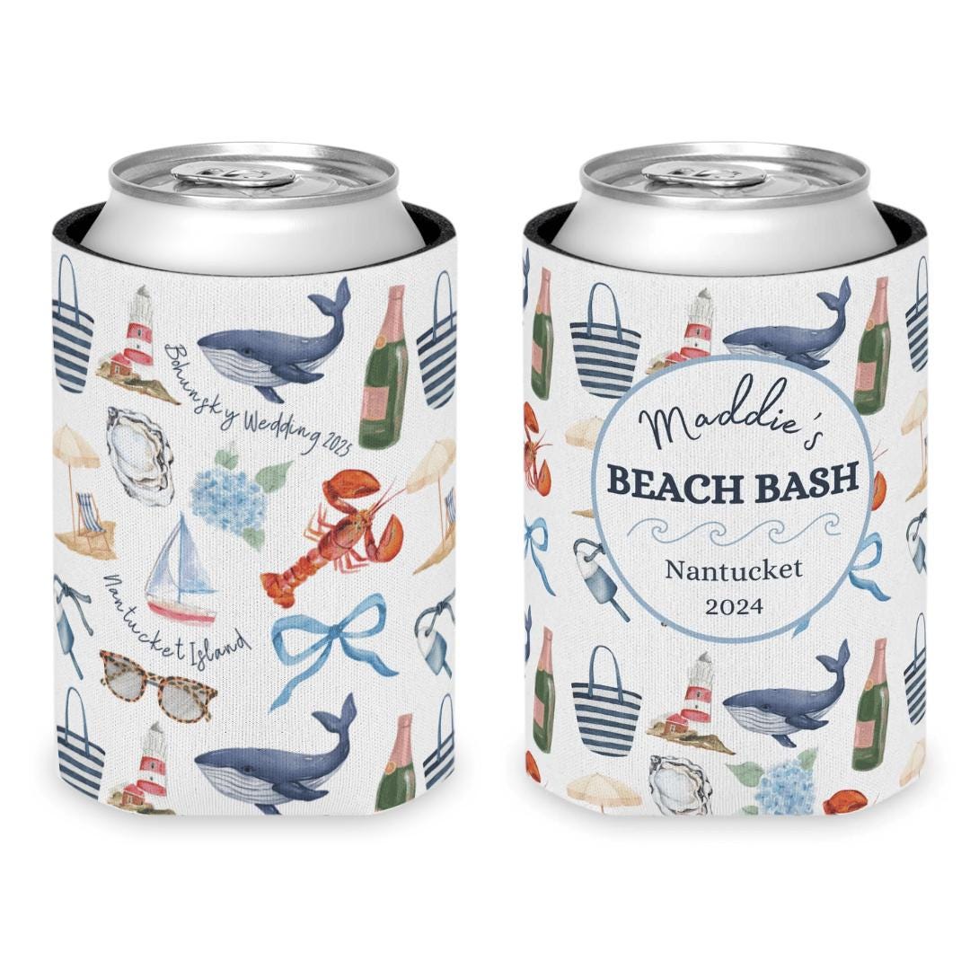 Custom Coastal Coquette Can Cooler; Preppy New England, Nantucket, Cape Cod, Hamptons, Maine, Bachelorette Bridal Gift; Slim and Regular Can