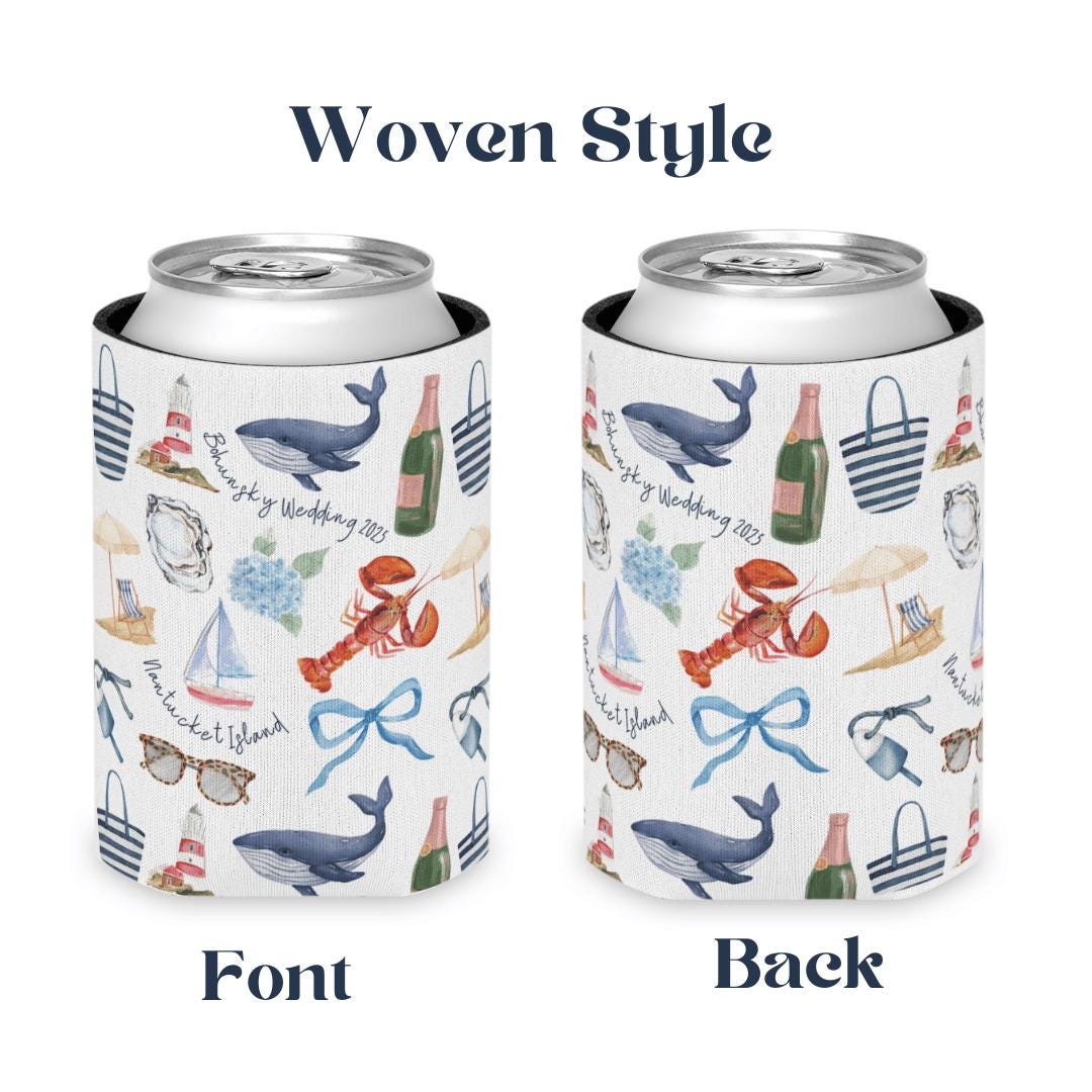 Custom Coastal Coquette Can Cooler; Preppy New England, Nantucket, Cape Cod, Hamptons, Maine, Bachelorette Bridal Gift; Slim and Regular Can