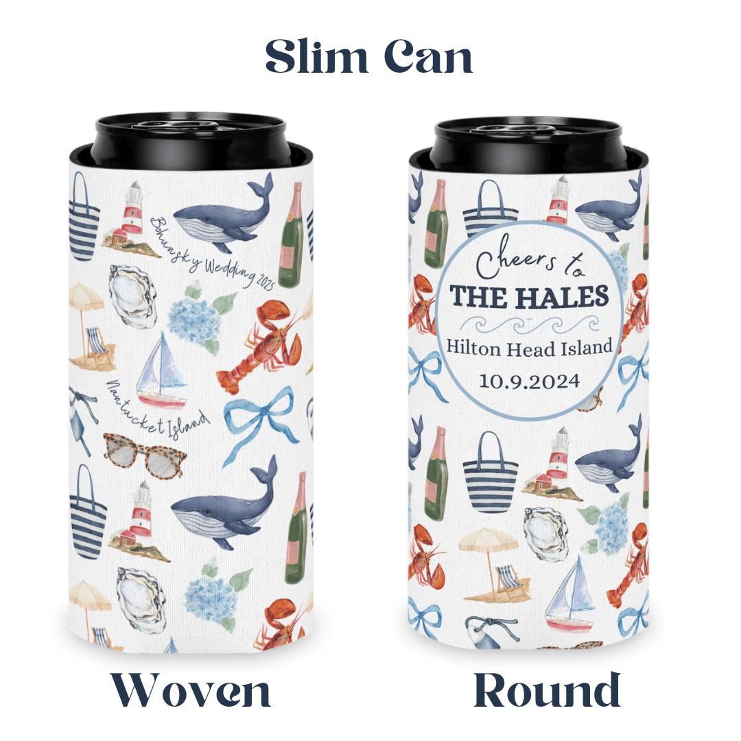 Custom Coastal Coquette Can Cooler; Preppy New England, Nantucket, Cape Cod, Hamptons, Maine, Bachelorette Bridal Gift; Slim and Regular Can
