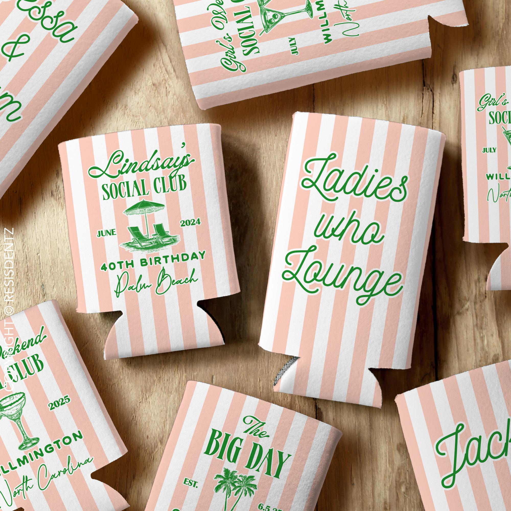 Preppy Social Club Party Favor Can Coolers – Custom Striped Design, Event Icons, and Personal Details - Slim Seltzer & Standard Can Size