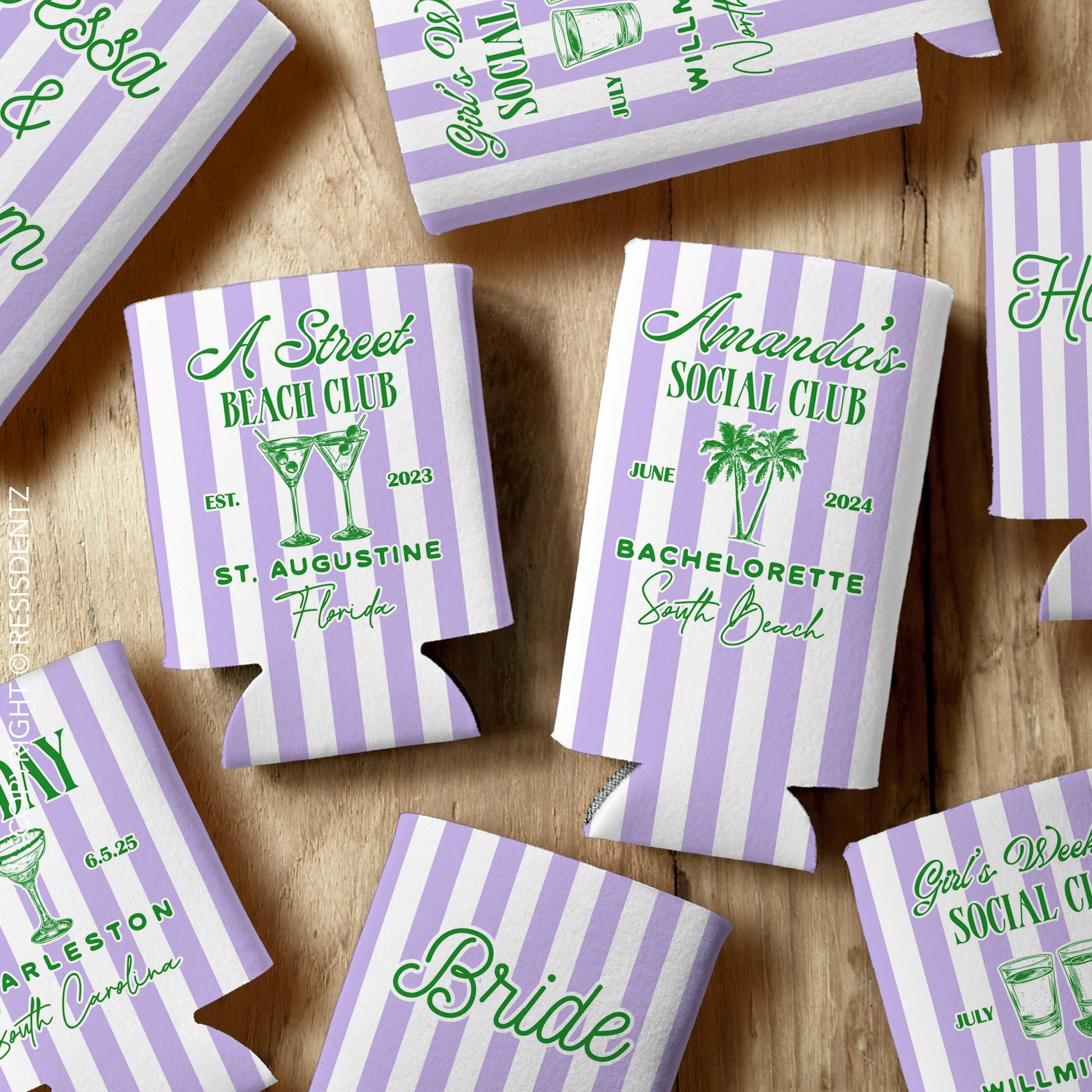 Preppy Social Club Party Favor Can Coolers – Custom Striped Design, Event Icons, and Personal Details - Slim Seltzer & Standard Can Size