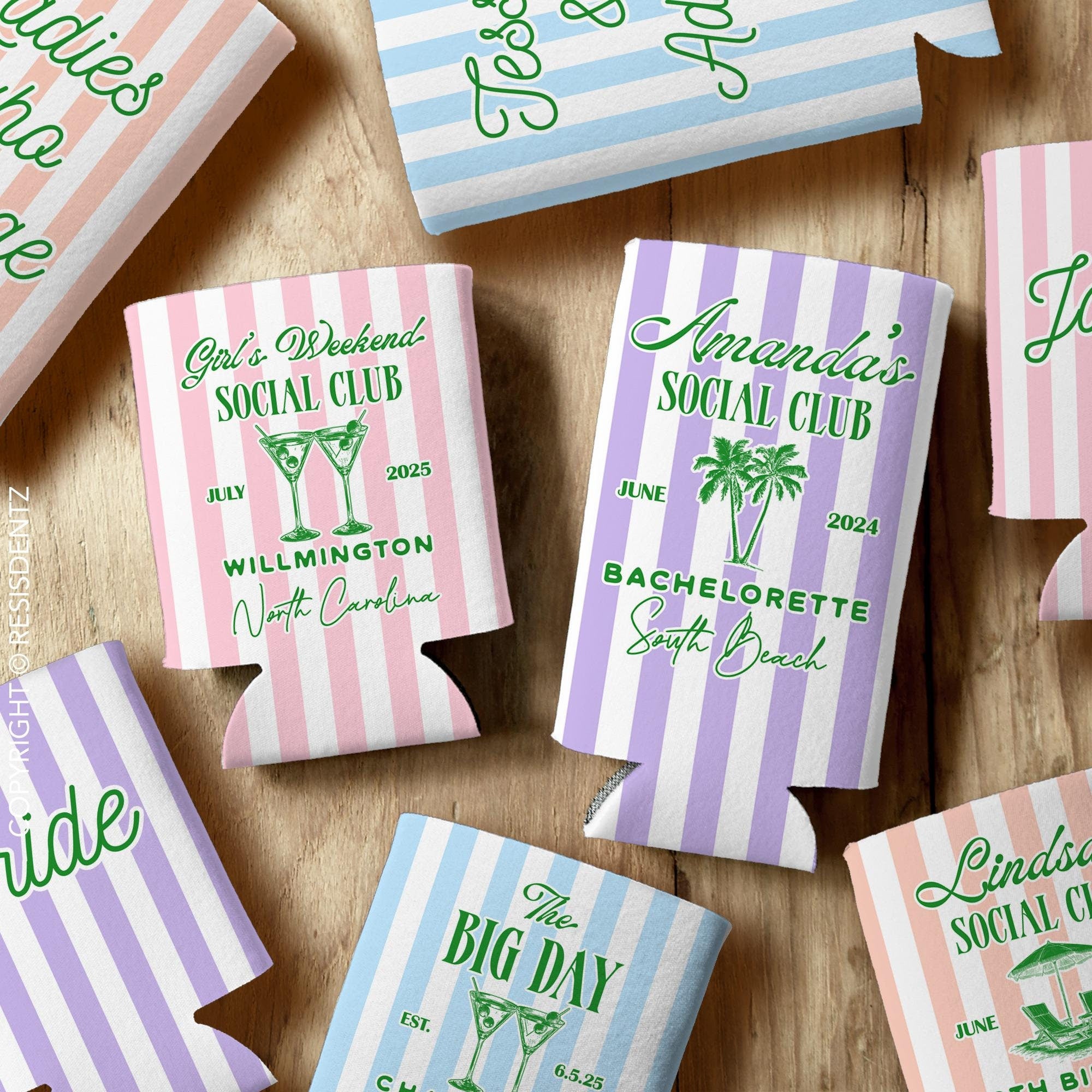Preppy Social Club Party Favor Can Coolers – Custom Striped Design, Event Icons, and Personal Details - Slim Seltzer & Standard Can Size