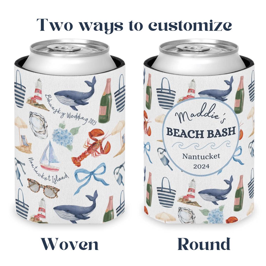 Custom Coastal Coquette Can Cooler; Preppy New England, Nantucket, Cape Cod, Hamptons, Maine, Bachelorette Bridal Gift; Slim and Regular Can