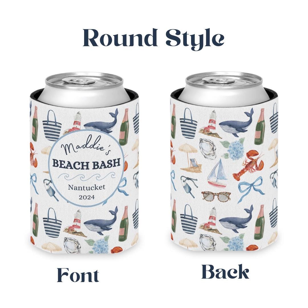 Custom Coastal Coquette Can Cooler; Preppy New England, Nantucket, Cape Cod, Hamptons, Maine, Bachelorette Bridal Gift; Slim and Regular Can