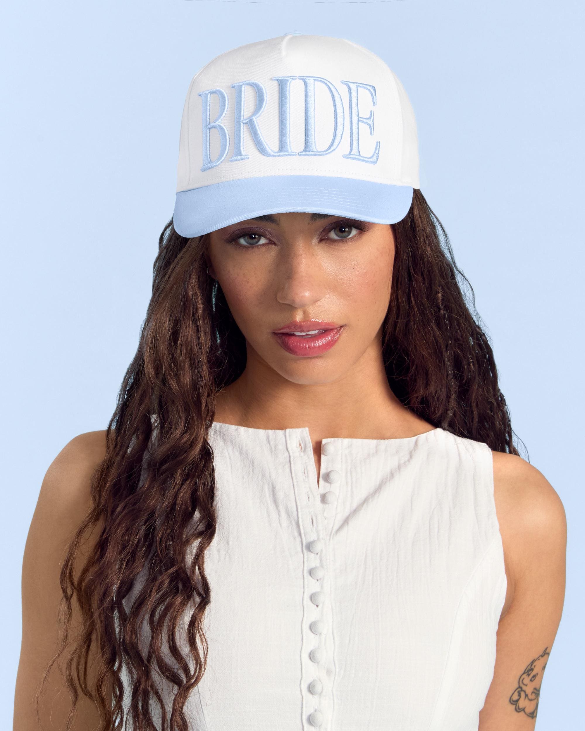 xo, Fetti White + Blue Bride Trucker Hat | Bachelorette Accessory, Bridal Headwear, Bach Party Decorations, Bridesmaid Gift, Wedding Cap