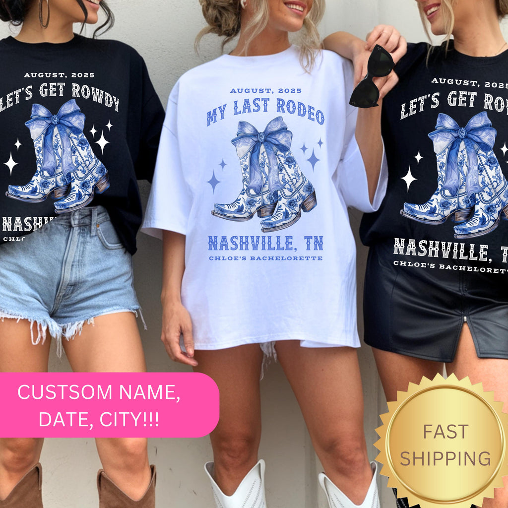 Custom Chinoiserie Bachelorette Shirts, Coquette Cowgirl Bachelorette, Coquette Bow Cowgirl Boots Bridesmaids Gifts Nashville Bachelorette