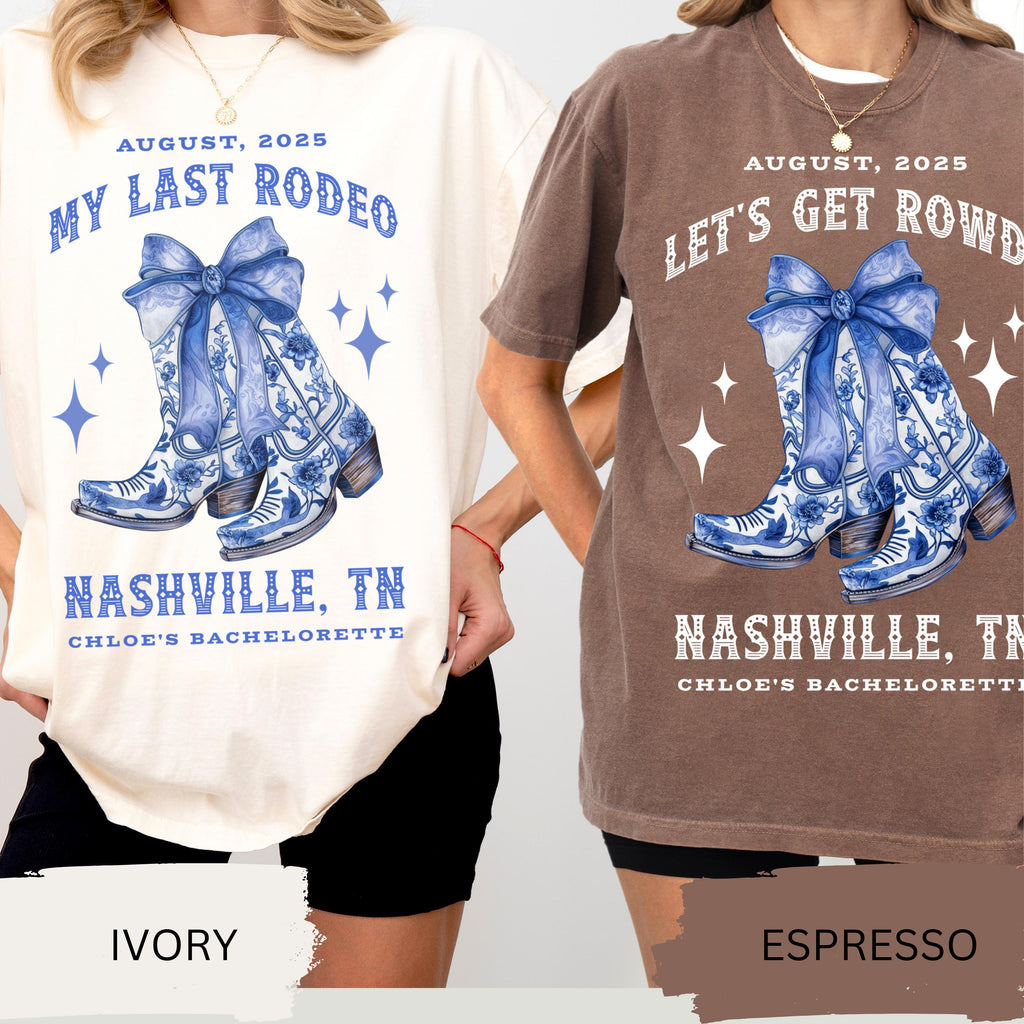 Custom Chinoiserie Bachelorette Shirts, Coquette Cowgirl Bachelorette, Coquette Bow Cowgirl Boots Bridesmaids Gifts Nashville Bachelorette