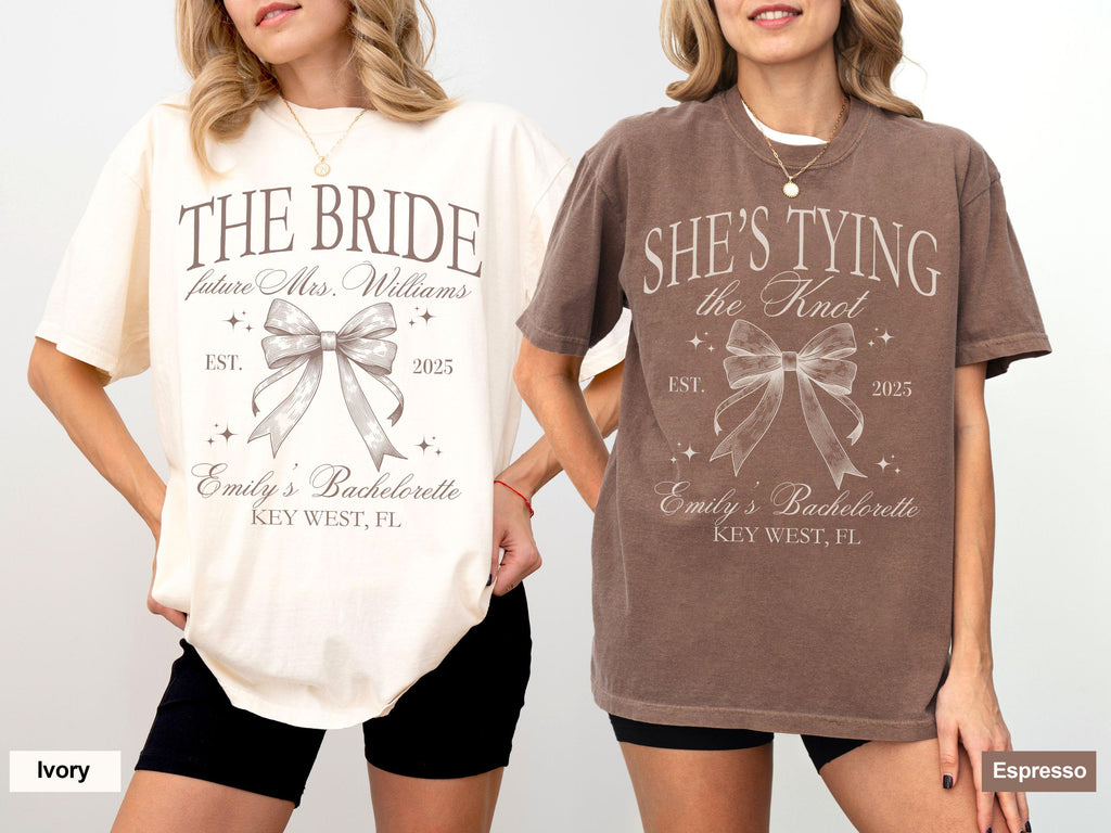 Coquette Bow Bachelorette Party Shirts, Custom Bachelorette Shirts, Shes Tying the Knot Bachelorette, Bridal Party Shirts, Bridesmaid Shirts