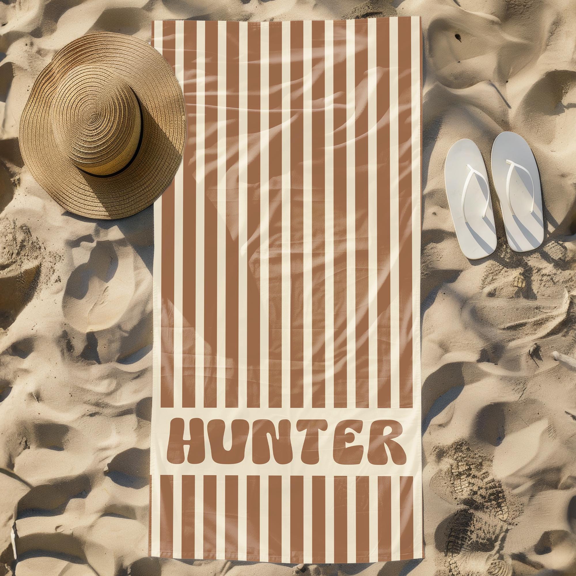 Personalized Name Stripe Beach Towel, Oversized Custom Monogram Pool Towel, Signature Beach Towel For Kids, Vacation Gift, Picnic Towel