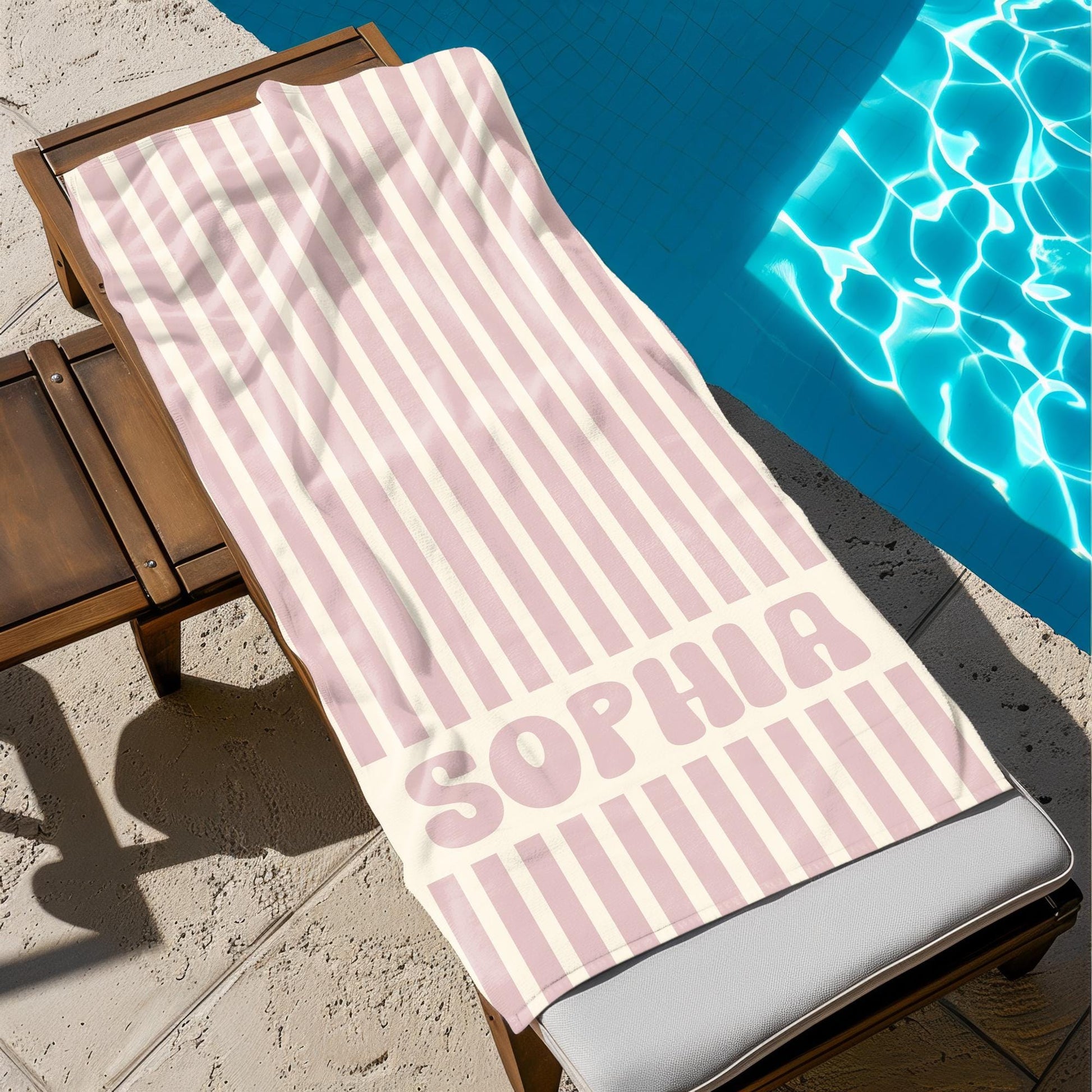 Personalized Name Stripe Beach Towel, Oversized Custom Monogram Pool Towel, Signature Beach Towel For Kids, Vacation Gift, Picnic Towel