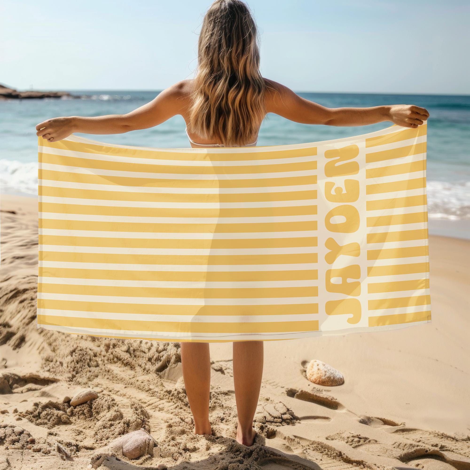 Personalized Name Stripe Beach Towel, Oversized Custom Monogram Pool Towel, Signature Beach Towel For Kids, Vacation Gift, Picnic Towel