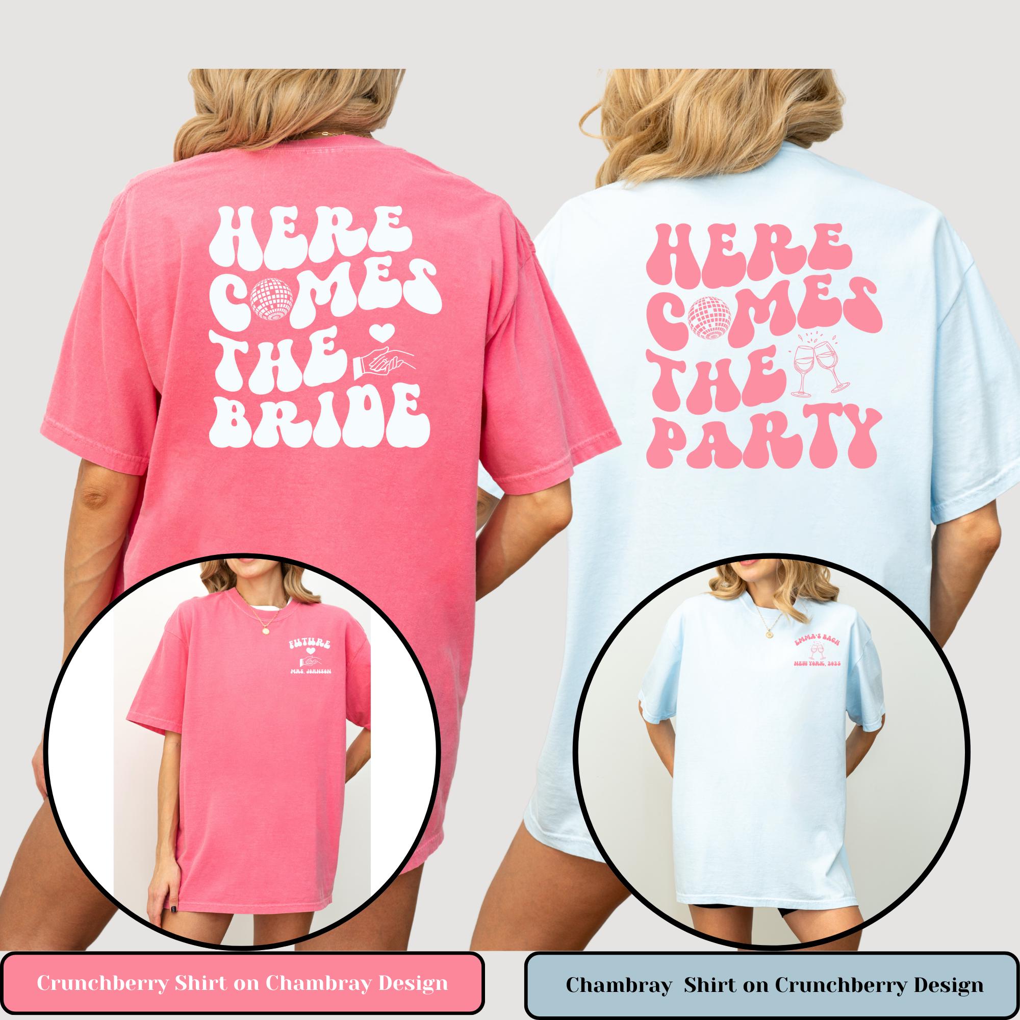 Comfort Color Custom Retro Bachelorette Party Shirts Here Comes the Bride Matching Bridal Shower Gift for Bride To Be Bridesmaid Bride Squad