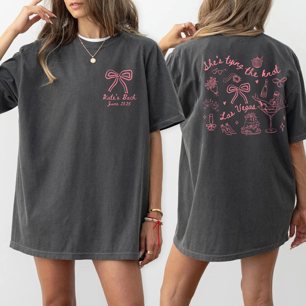 Custom Coquette Bow Bachelorette Shirts Shes Tying The Knot Bachelorette Party Tshirts Bridal Party Matching Shirts Pink Bow Bachelorette