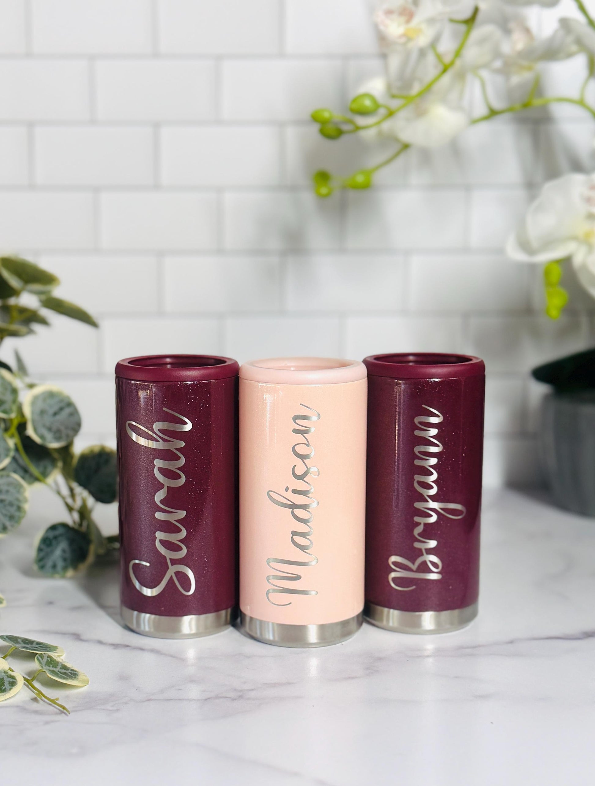 Custom Laser Engraved 12oz Slim Can Cooler: Stainless Steel, Personalized Design Party Favor